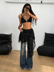 Coolane Women's Fashion Lace Asymmetrical Hem Skirt Boho - Black - View 4