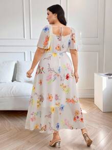 Modelyn Vestido casual de verano para vacaciones de mujer de talla grande con estampado floral, escote de corazón, mangas acampanadas y cintura fruncida - Multicolor - Ver 7