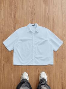 Manfinity Joysei Camisa vaquera corta suelta con estampado de estrellas patchwork en estilo vintage para hombres - Azul - Ver 2