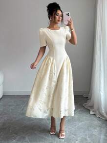Modelyn Damen Gewebe-Collagen-Midi-Kleid mit kurzen Ärmeln und A-Linie, figurbetonter Silhouette - Aprikosenfarben - Übersicht 4