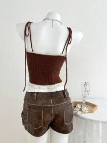 Elamini Women's Casual Contrast Color Trim Knit Camisole Top - Brown - View 2