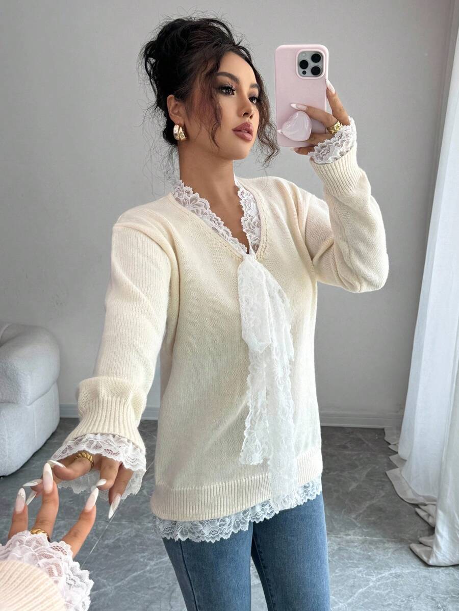 Elenzga 女士优雅撞色蕾丝拼布二合一毛衣 - 杏色 - 查看 1