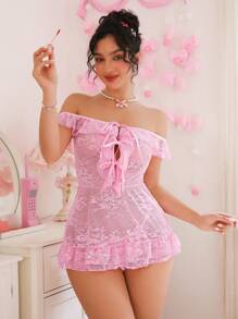 PetitDoll 2 件粉色露肩荷叶边多层蕾丝拼接 Juicy Sweety 甜美可爱性感睡袍，适合度假、派对和日常穿着 - 粉色 - 查看 4