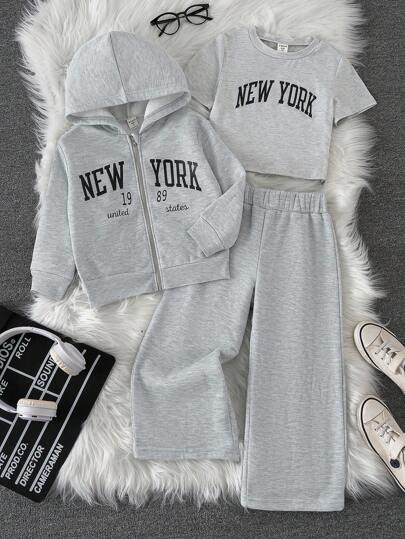 Elladie kids 3 件套幼儿女童连帽衫套装，秋冬新款，包括连帽拉链运动衫、短袖上衣、长袖运动裤、花卉灰色连帽运动衫，“NEW YORK 1989”印花，搭配花卉灰色运动裤和 T 恤，舒适、休闲、宽松版型，适合日常和运动穿着