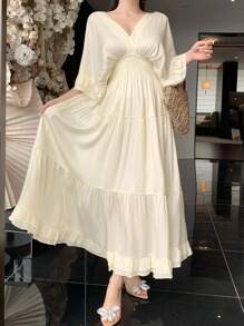DAZY 女式V领荷叶边腰中长连衣裙，春夏 - 白色 - 查看 4