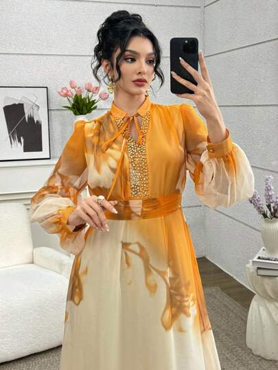 SHEIN Najma Elegant Romantic Floral Collar & Patchwork Ruffle Hem Loose Fashionable Young Boho Style Midi Dress For Women
