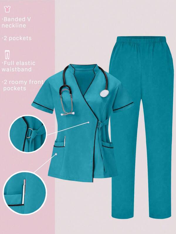 TaskEZ 2pcs Contrast Trim Casual Short Sleeve Top And Solid Color Pants Uniform Set, Scrub Sets
