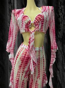 SHEIN Set de 4 piezas con top con cordones vintage + cárdigan corto con volantes + tanga + pantalones con volantes, conjunto de lencería sexy - Rojo y blanco - Ver 6