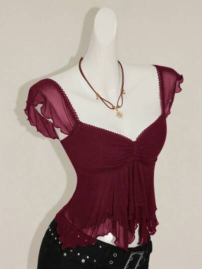 SHEIN ICON Top sin mangas con volantes, escote con pliegues, ajuste ceñido, parches de malla sexy, espalda con lazo, top casual de vacaciones
