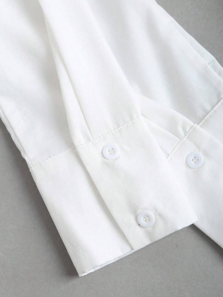 Sweetra Women American Minimalist Long Sleeve White Fitted Office Shirt Fall - White - View 5