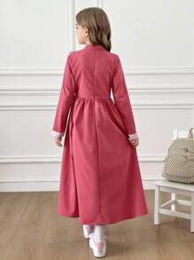 SHEIN Tween Girls Casual Everyday Striped Ruffle Hem Long Sleeve Dress Fall Winter - Pink - View 2