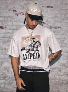 AXEPEAK Camiseta casual de estilo occidentalcon estampado de vaquero para hombres, de moda para vacaciones - Albaricoque - Ver 4