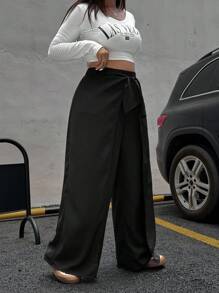 SHEIN EZwear 加大码商务休闲黑色长裤，带肩带装饰，适合日常、外出、约会、通勤 - 黑色 - 查看 3