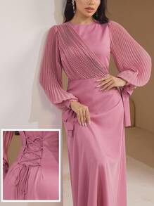 Veilorie Women's Elegant Solid Color Pleated Dress - Pink - View 5