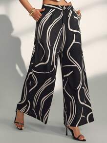 Almamuse Women's Elastic Waist Asymmetrical Geometric Pattern Wide Leg Pants Fall Casual Spring - Black - View 3