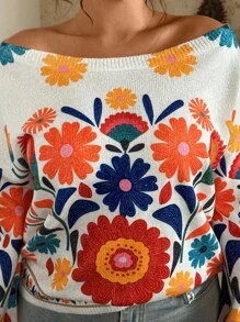 SHEIN VCAY Sweater Rajut Jacquard Digital Premium, Blus Wanita Lengan Panjang Longgar Serbaguna Elegan untuk Musim Semi & Gugur Musim Dingin - MultiWarna - View 8