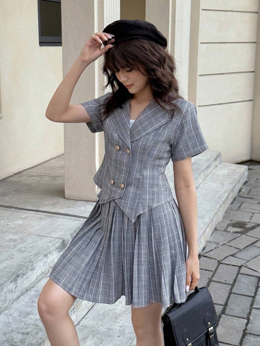 少女夏季休闲格子衬衫和百褶裙套装 - 灰色 - 查看 1