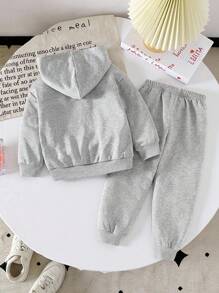 Girls Casual Sports Embroidery Horse Hoodie Sweatshirt And Elastic Waist Cuffed Sweatpants Set, Fashion Daily Outfit, Early Autumn - Dark Grey - View 2