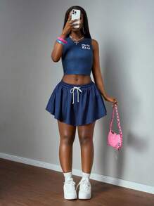 Slaydiva 2pc Set: 2025 New Summer Student Casual V-Neck Sleeveless Tight Crop Top & Drawstring Asymmetrical Pleated Skirt, Navy Blue & White Graphic Print - Navy Blue - View 1