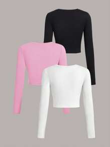 SHEIN EZwear 3 件套休闲百搭圆领长袖短款修身女式 T 恤，适合春秋季节 - 彩色 - 查看 2