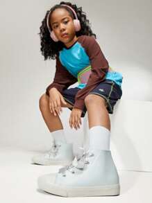 1 双银色丝绸鞋带，时尚休闲百搭软底运动鞋，适合男女童，开学季，春夏季 - 銀色 - 查看 2