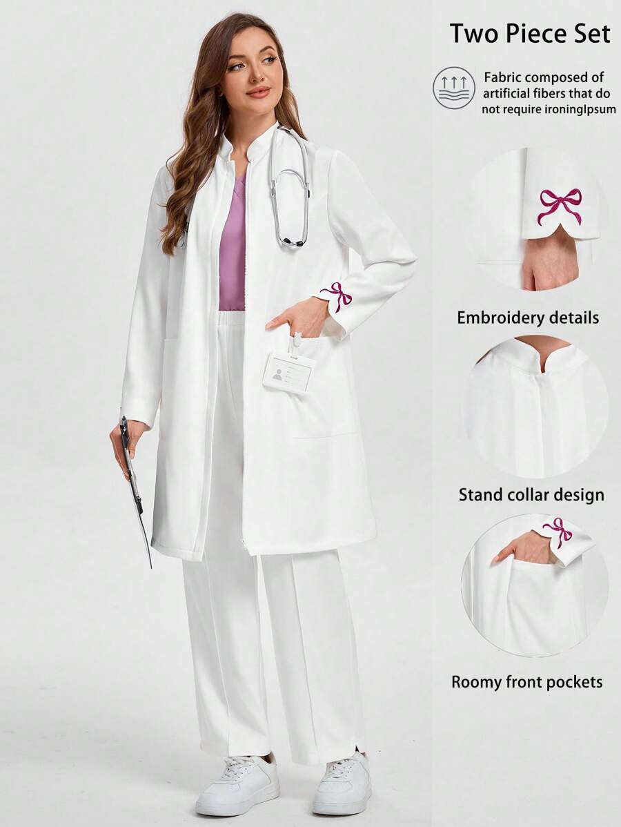 Scrubzie Solid Color Long Sleeve Pocket Jacket And Pants Scrub Uniform Set