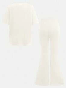 SHEIN Leap Crew 青少年女孩休闲简约短袖上衣和长裤两件套，适合夏季 - 米色 - 查看 2