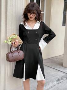 Teen Girl Elegant Colorblock Splice 2 In 1 Dress - Black and White - View 3