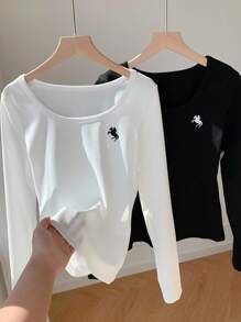 Comfortcana 女士休闲日常刺绣圆领罗纹长袖T恤 - 黑與白 - 查看 6