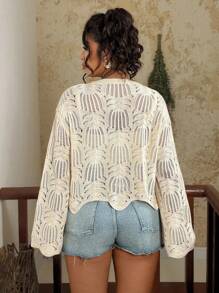 Travachic Plus Size Casual Loose Hollow Out Long Sleeve Crew Neck Women Sweater In Fall/Winter - Apricot - View 2