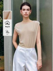 Chiquease Camiseta de unicolor con cuello redondo y pliegues, suave y con una actitud minimalista - Caqui - Ver 1