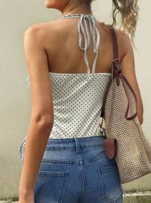 Jouncy Women's Sexy Striped Ruffle Polka Dot Printed Bodysuit, Summer - White - View 2