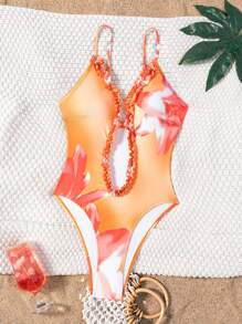 SHEIN Swim Women's Sexy One-Piece Floral Swimsuit With Cutout Back, Summer Bikini - Orange - View 7