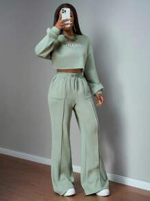 2025新款秋冬休闲街头运动日常约会运动服简约基础款圆领落肩宽松短款长袖卫衣上衣+阔腿裤直筒裤口袋装饰 - 薄荷綠 - 查看 4