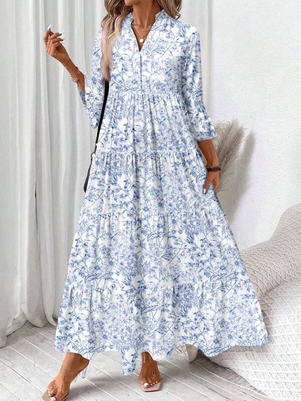 SHEIN LUNE Casual Floral Pattern V-Neck Long Sleeve Pleated Dress For Women, Suitable For Autumn Blue And White Floral Dress
