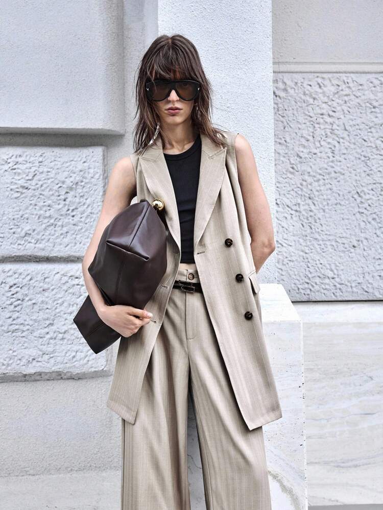Women's Elegent Striped Fabric Short Dress,Brown Beige Notched Collar Sleeveless Waist Cinching Tie Belt,Office Autumn Business Casual Urban Wear