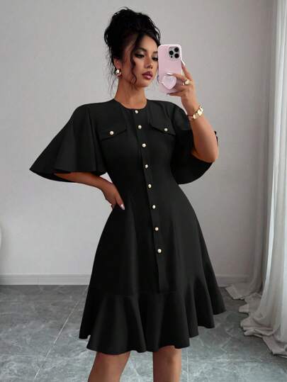 Selianne Elegantes Kurzkleid mit einzelnem Knopf, volant Ärmel & Saum Teilung Design