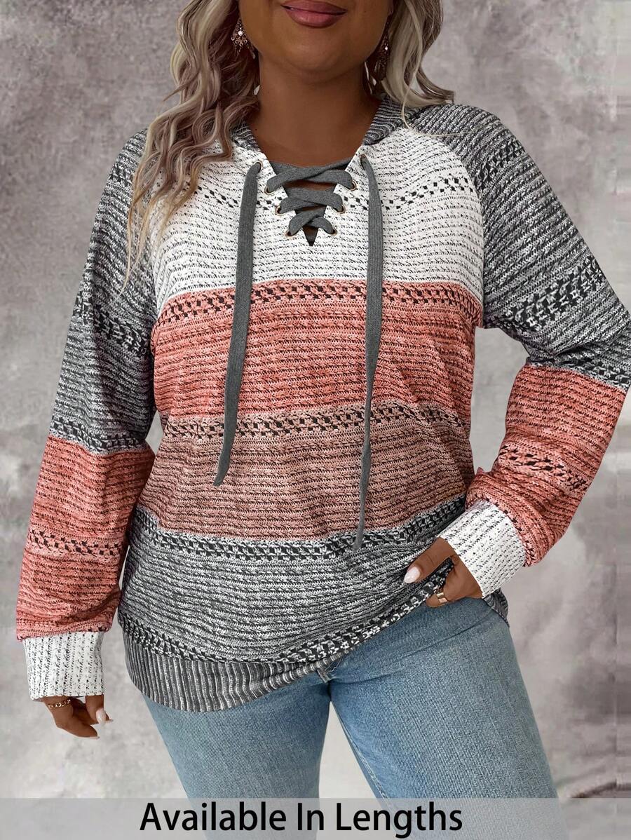 SHEIN PETITE CURVE Sudadera con capucha suave y de color block con cordones en las mangas largas, para uso casual diario en tallas grandes