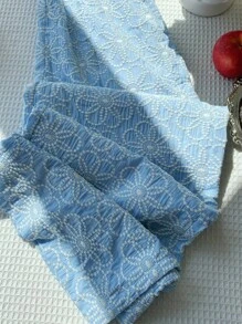 Comfortcana 大码女式花卉刺绣松紧腰宽松阔腿裤，度假风 - 藍色 - 查看 7