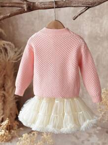 SHEIN Young Girl Pink Autumn Fairy Tutu Skirt Set, 3D Floral Decor Round Neck Pullover & Ruffle Dress With Bow, Comfortable Warm Young Girl Knitted Outfit - Pink - View 2
