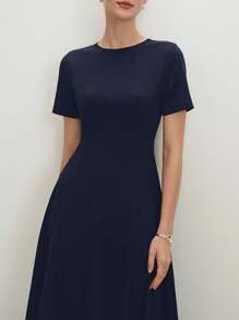 BizChic 女士圆领短袖 A 字腰优雅连衣裙，适合婚礼、音乐会、办公室穿着的基本款商务休闲装 - 藏蓝色 - 查看 7