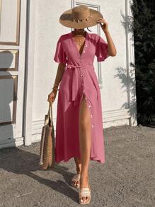 EURMUSE Ruffle Sleeve Crew-Neck Buttoned Maxi Dress With Shell Belt - Dusty Pink - View 5