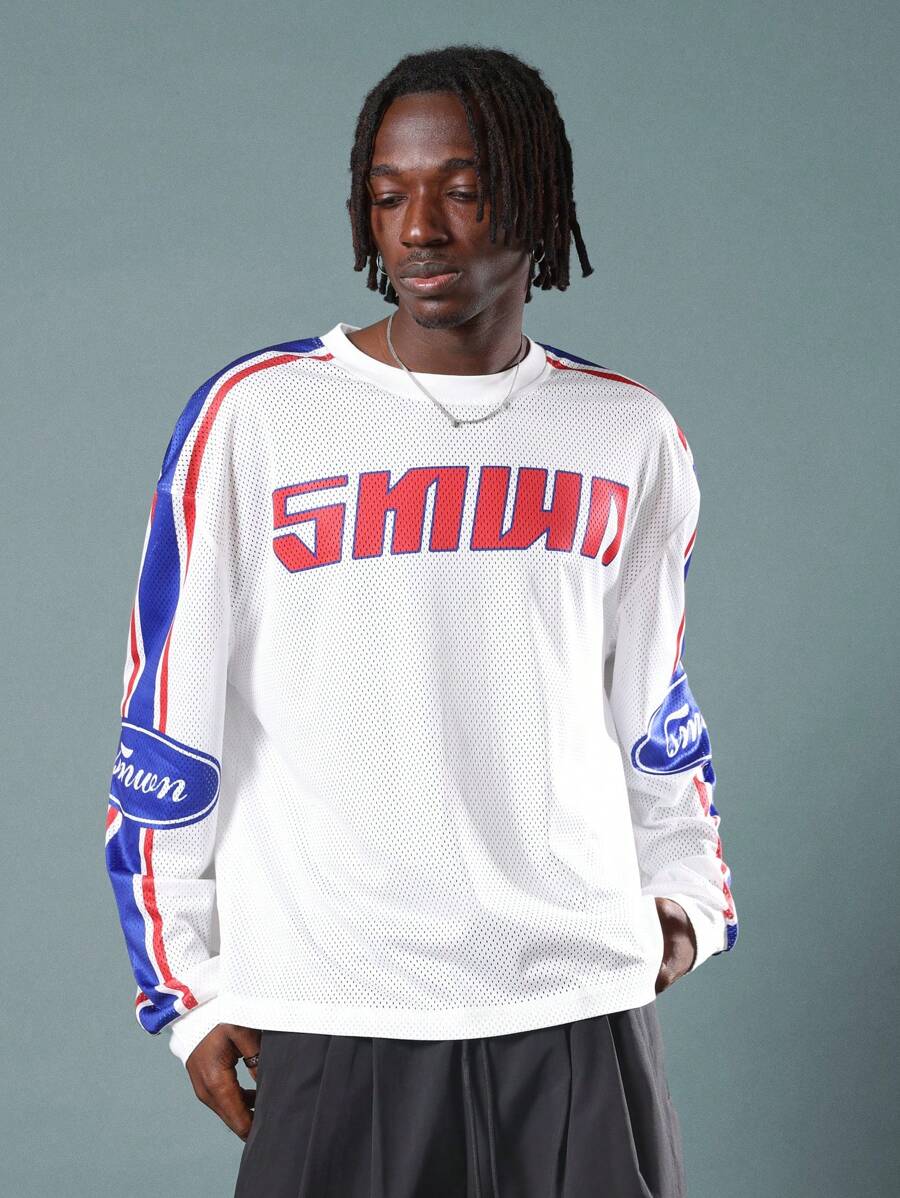 SUMWON 长袖网眼运动衫篮球队风格图案 T 恤复古校园男女街头休闲运动服活力休闲服秋冬分层单品 - 彩色 - 查看 1