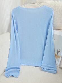 Franclia 女士纯色V领前扣优雅长袖薄款开衫 - 藍色 - 查看 2