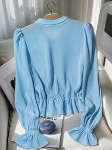 Franclia 独特的雪纺衬衫，优雅高端的女士休闲春季衬衫，适合大学校园穿着。 - 藍色 - 查看 2