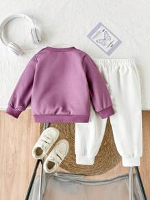 SHEIN 2pcs/Set Baby Girls Pullover Sweatshirt & Pants Set, Fashionable Pink & Purple Bow Design, Casual Daily Wear, Autumn/Winter Fall - Multicolor - View 2