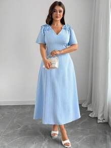Elenzga Plus Size Textured Bow V-Neck Short Sleeve Dress - Blue - View 6
