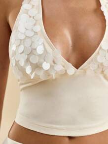 SHEIN BAE 2 件套女式夏季杏色露背前系带亮片紧身胸衣上衣和高腰裙套装，优雅度假俱乐部场合可爱性感浪漫 - 杏色 - 查看 7