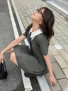 少女休闲拼色拼接迷你夏季连衣裙 - 灰色 - 查看 7