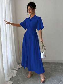 Elenzga Vestido amarillo con diseño de botones monocillo y corte evasé - azul real - Ver 4